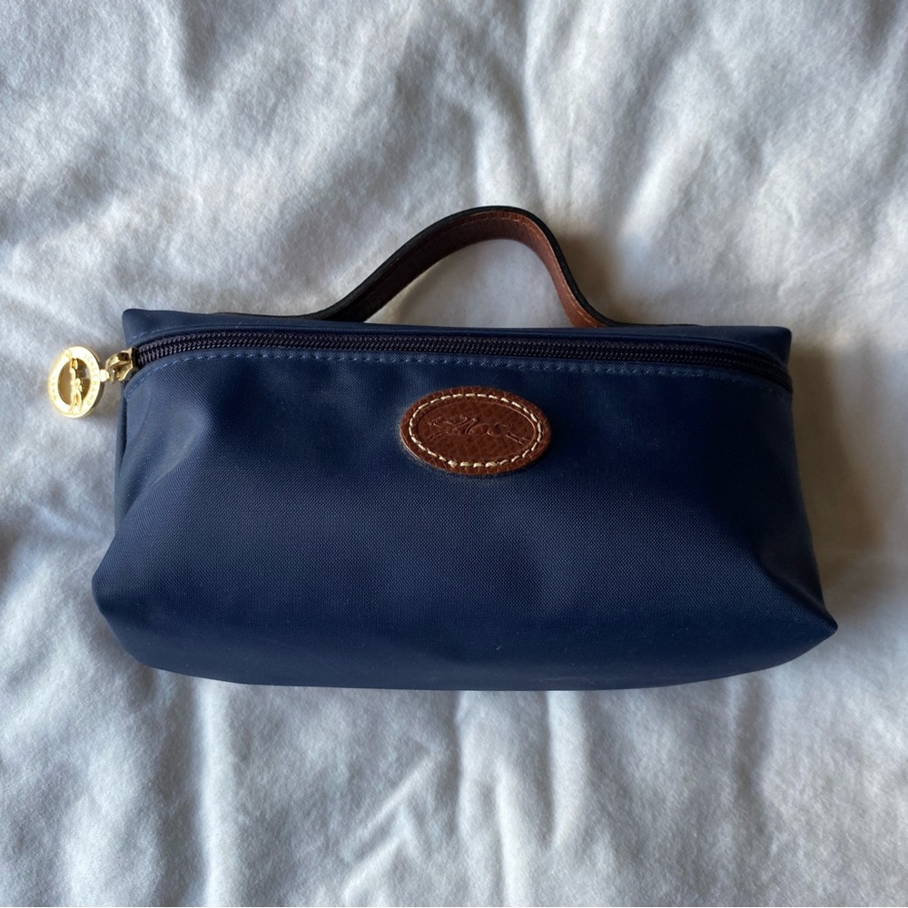 Longchamp Navy Blue Clutch with Brown Leather Trim - Picture 2 of 7